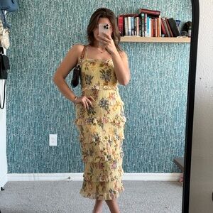 Let me Be Anthropologie Yellow Floral Ruffled Midi Dress